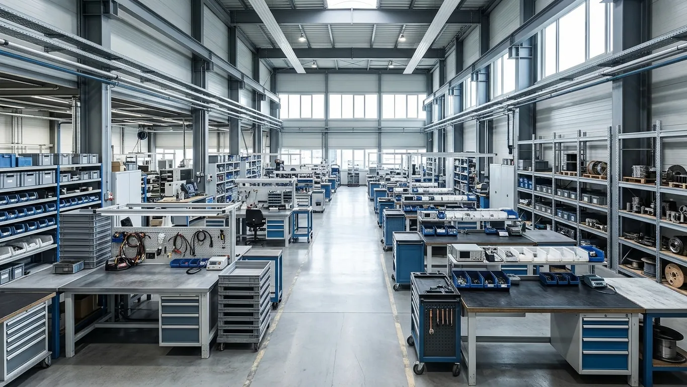 Przestronna hala produkcyjna z podzespołami elektrycznymi i elementami maszyn