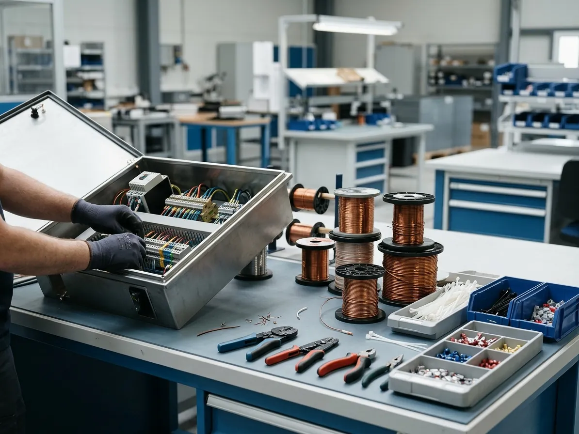 Stanowisko montażu elektrycznego ze szpulami przewodów i narzędziami