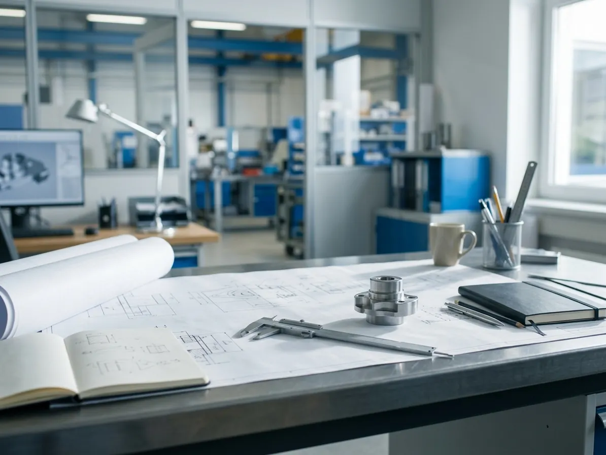 Biurko z rysunkami technicznymi, suwmiarką i próbką części metalowej