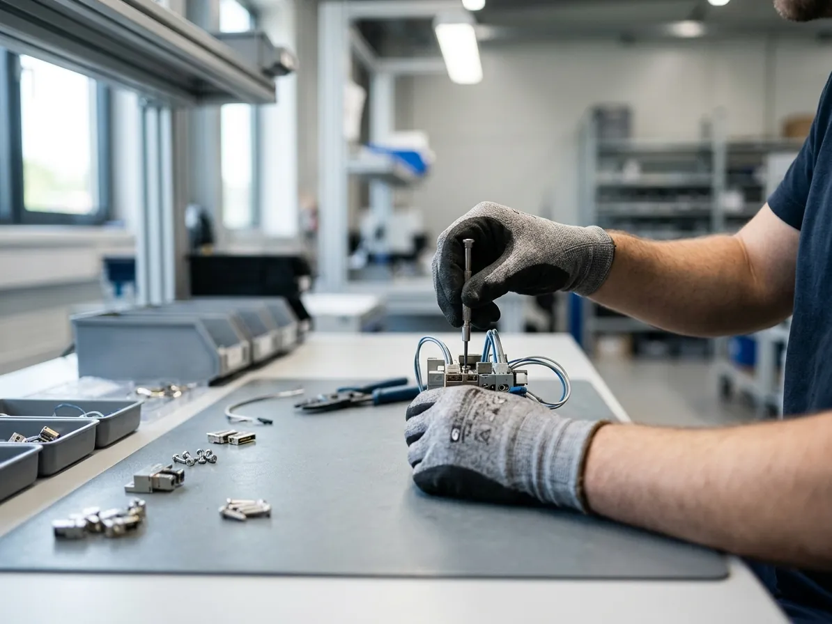 Dłonie montujące podzespół elektryczny na stole warsztatowym